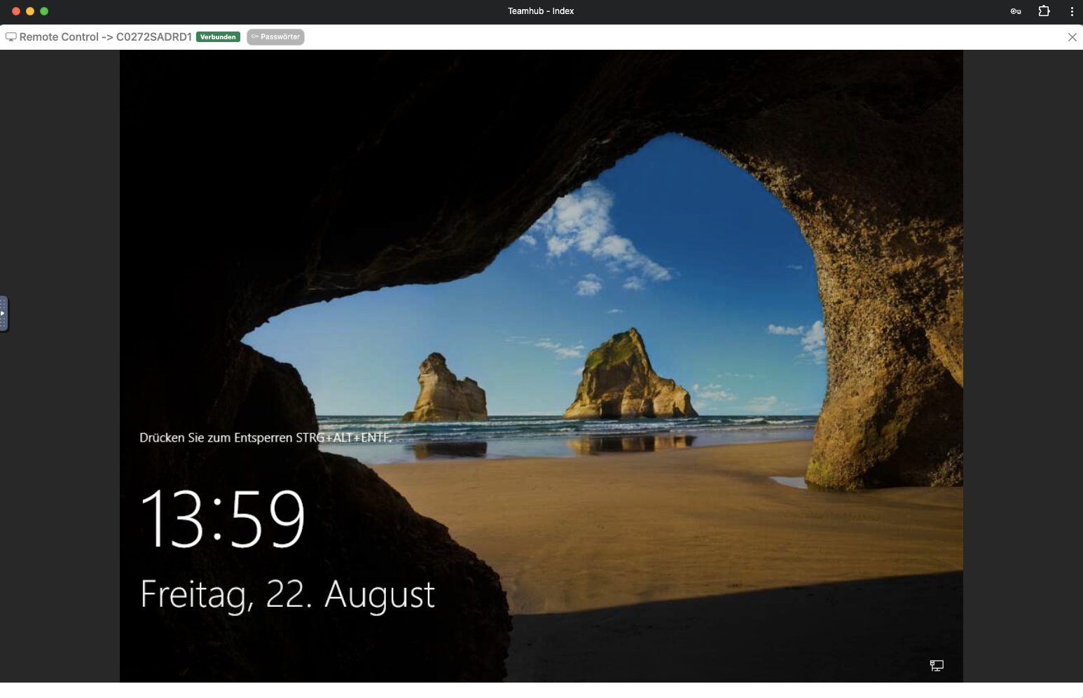 TeamHUB One Remote Desktop Interface zeigt Live-Verbindung zu Windows Server mit nahtloser Integration in die TeamHUB Konsole